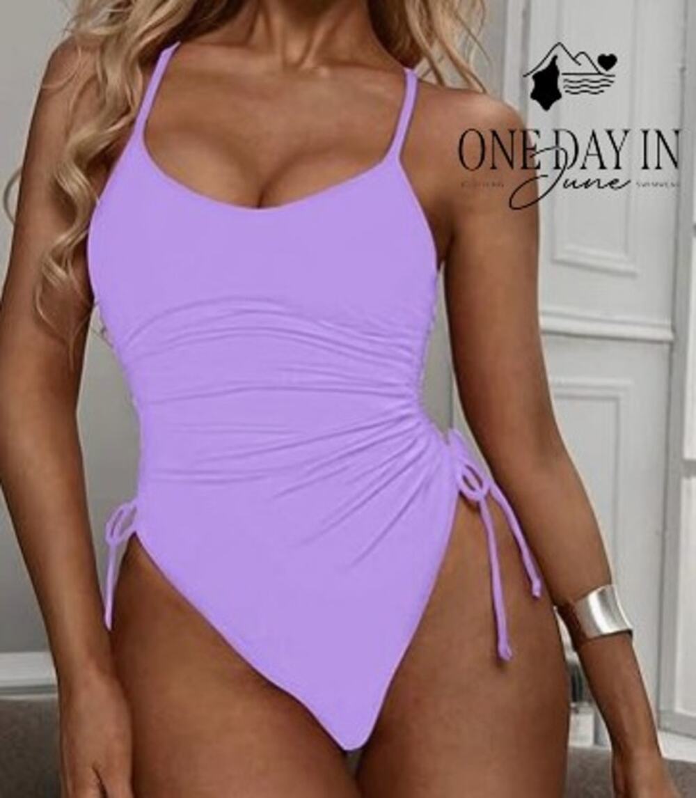 CharmLeaks Drawstring Side One Piece Swimsuit Purple Ruched New Size S